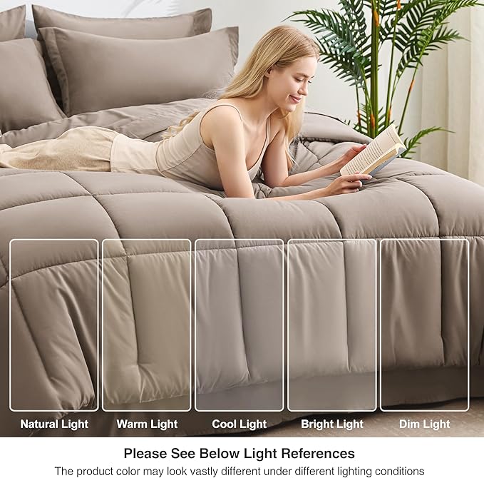 Love's cabin Queen Comforter Set Light Brown, 7 Pieces Queen Bed in a Bag, All Season Bedding Sets with 1 Comforter, 1 Flat Sheet, 1 Fitted Sheet, 2 Pillowcase and 2 Pillow Sham | Soft, Breathable, Lightweight, Comfortable