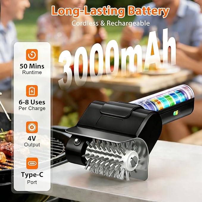 Electric Grill Brush - BBQ Grill Cleaning Tools with 800 RPM Brush Head,3000mAh Battery and 304 Stainless Steel Bristles, Cordless Rechargeable Grill Cleaner for Outdoor (Black)