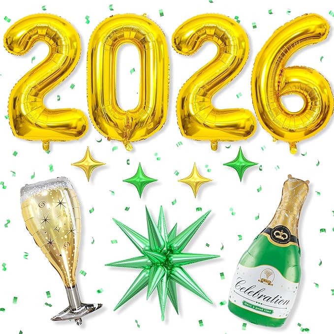 Gold 2026 Balloons, 40 Inch Number Gold Foil Balloons, Gold and Green Star Balloon with Champagne Bottle Glass Balloon for Happy New Years Eve Party Supplies 2026 Class of 2026 Graduation Decorations