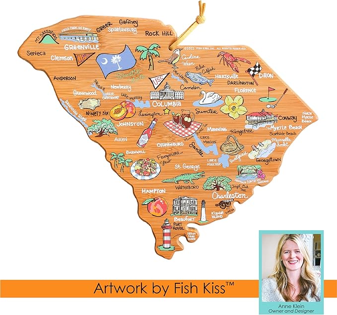 Totally Bamboo South Carolina State Shaped Cutting Board and Charcuterie Serving Platter with Artwork by Fish Kiss, Includes Hang Tie for Wall Display