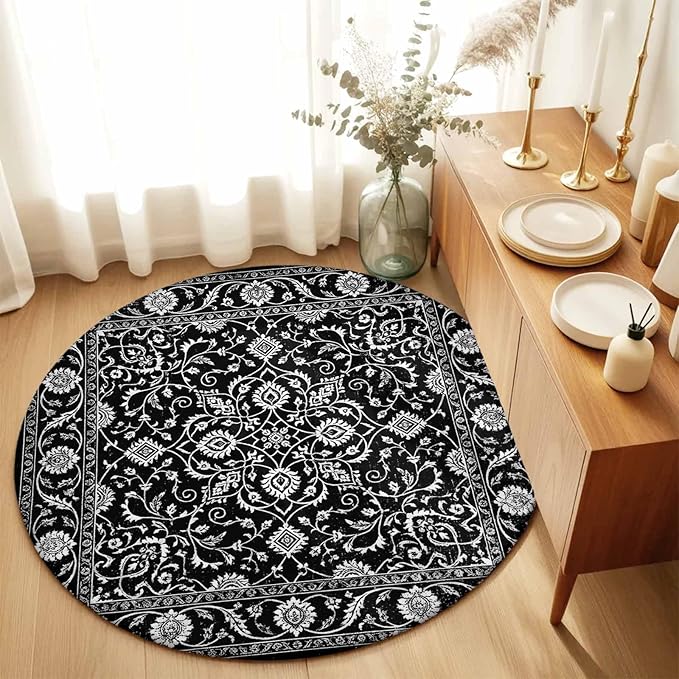 Washable Round Area Rug Paisley Vintage Black Floral Circle Rugs Floor Carpet for Living Room Bedroom, Classic Flower Texture Soft Non Slip Round Rug 3ft