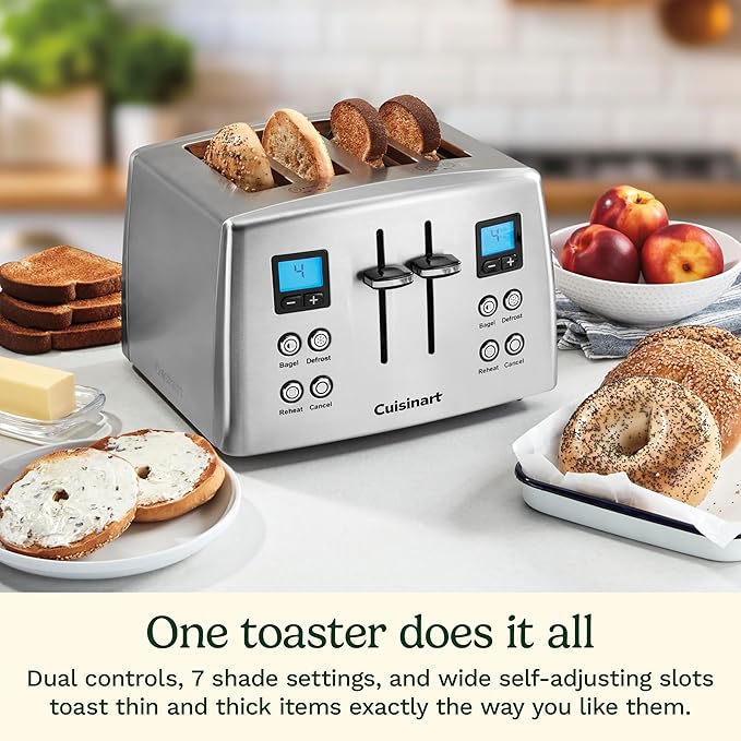 Cuisinart 4 Slice Countdown Motorized Toaster, Compact Design with Extra-Wide Slots for Toasting, Defrost & Reheat Functions, CPT-435P1, Stainless Steel
