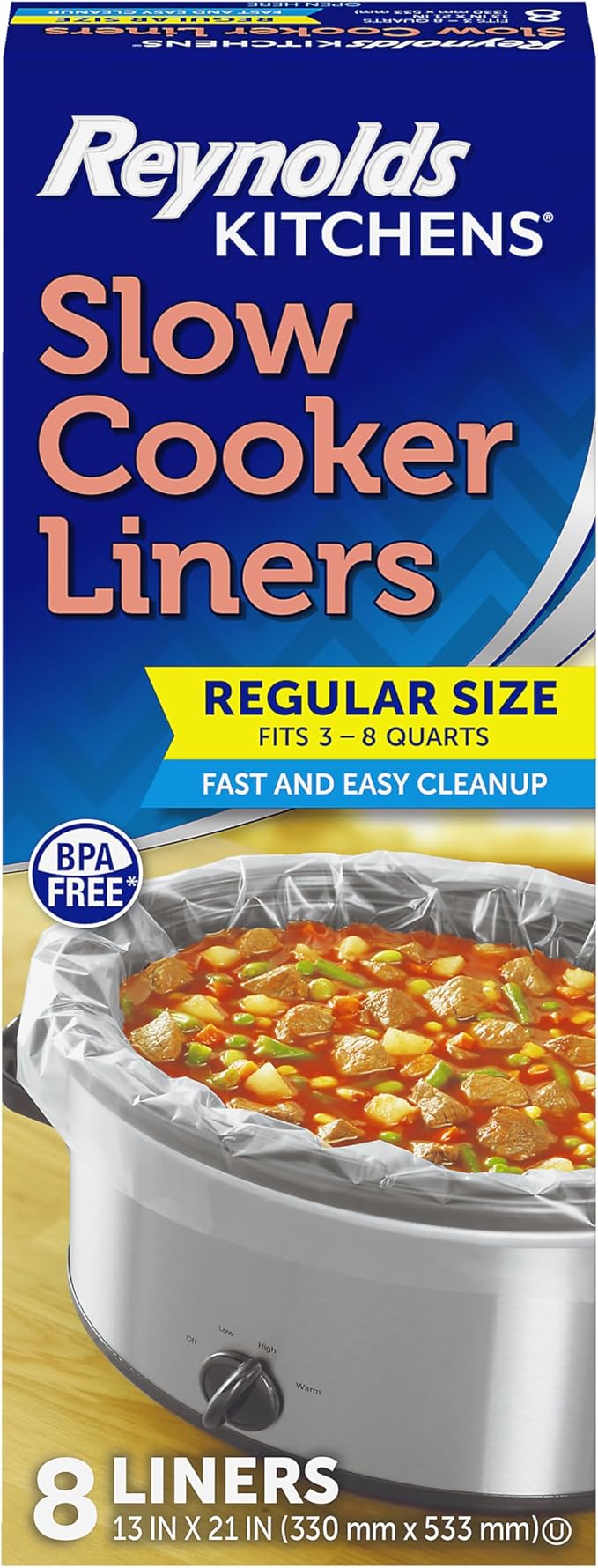 Reynolds Kitchens Slow Cooker Liners, 8 Pack, Fits 3-8 Quart Round and Oval Slow Cookers, BPA-Free Nylon Blend Construction, Heat-Resistant Up to 400F, Prevents Stuck on Food