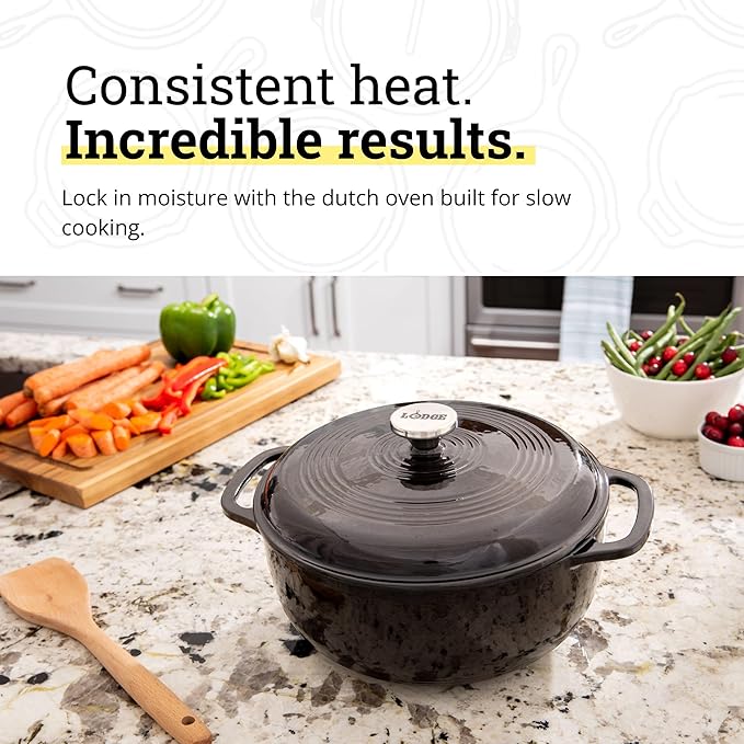 Lodge Essential Enamel Cast Iron Dutch Oven - Perfect for Bread Baking, Braising, Marinating & Slow Cooking - Features Moisture-Sealing Lid & Dual Handles - Kitchen Essentials - 6 Quarts - Midnight Chrome