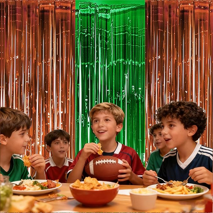 Football Party Decorations for Super Game Bowl 2026 - Green Brown Tinsel Streamers Backdrop Banner | Football Party Favors Supplies Indoor Outdoor - Game Day Birthday Party Accessories for Wall Door