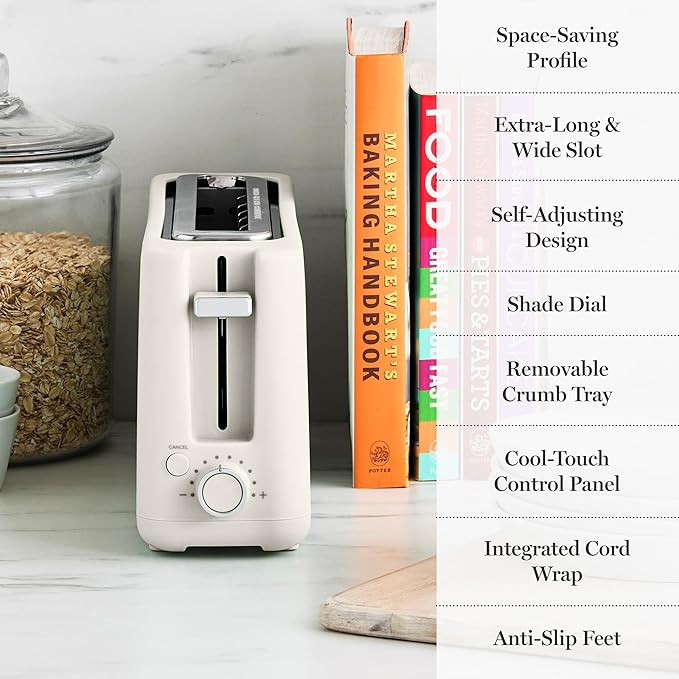 Martha Stewart 2 Slice Long Slot Toaster, Extra Wide for Sourdough & Bagels, 10 Setting Shade Control, Removable Crumb Tray, Self-Centering Design, Defrost/Reheat, Cancel, Slim Space-Saving, Linen