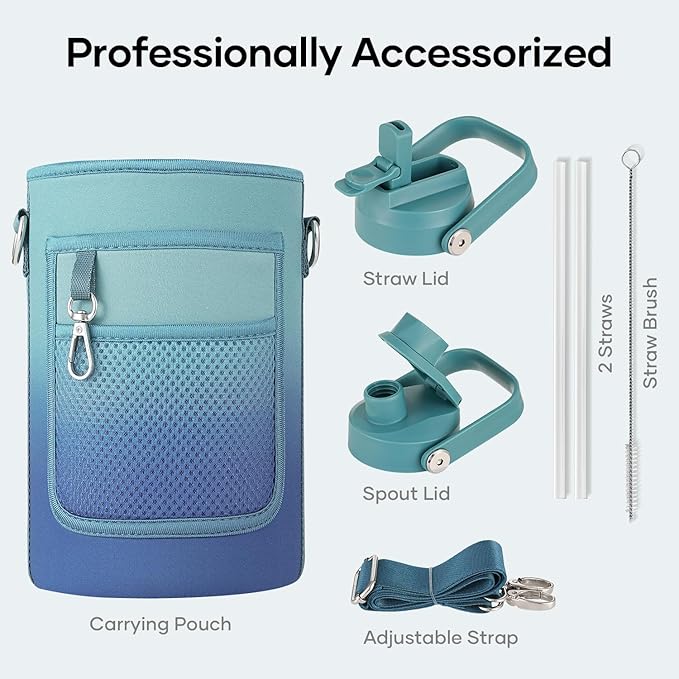 BUZIO 64oz Insulated Water Bottle with Straw Lid and Spout Cap, Stainless Steel Powder-Coat Water Flask, Keep Beverage Cold for 48 Hrs Hot for 24 Hrs Simple Thermo Canteen Mug, Gradient Cyan