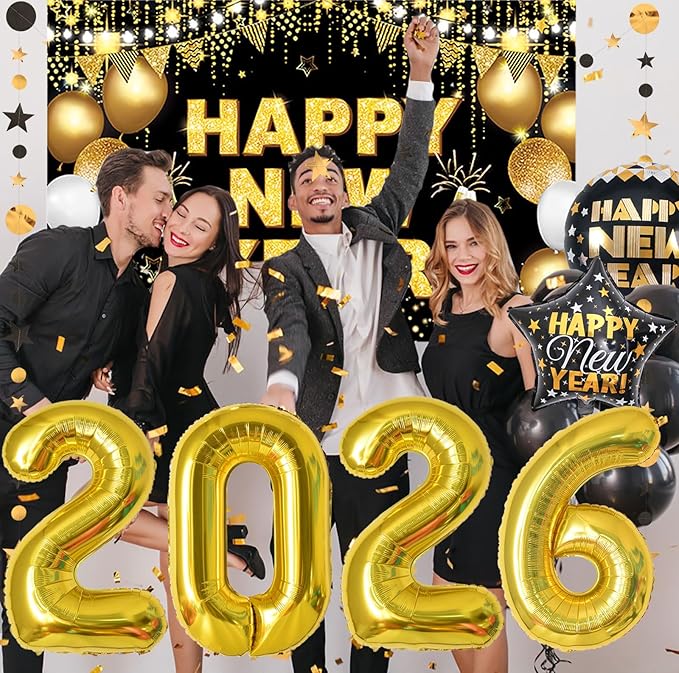 KALOR New Years Eve Party Supplies 2026 Set, 70 Pack - Gold and Black New Year Banner, Gold 2026 Number Balloons Backdrop 2026 for New Year Eve Decorations