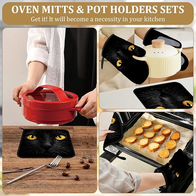 Black Cat Eyes Oven Mitts and Pot Holders Sets 4Pcs Animal Face Silicone Kitchen Gloves Heat Resistant Potholders for Baking Cooking Grilling BBQ