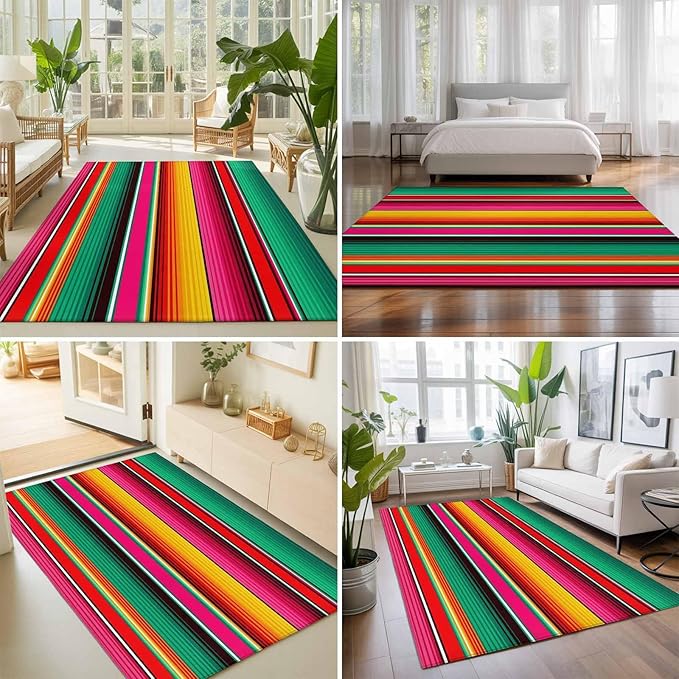 Area Rug 4x6ft, Vintage Mexican Stripes Abstract Washable Rugs for Living Room Bedroom, Native American Stripe Soft Non-Slip Area Rugs Rectangle Floor Carpet for Dining Room