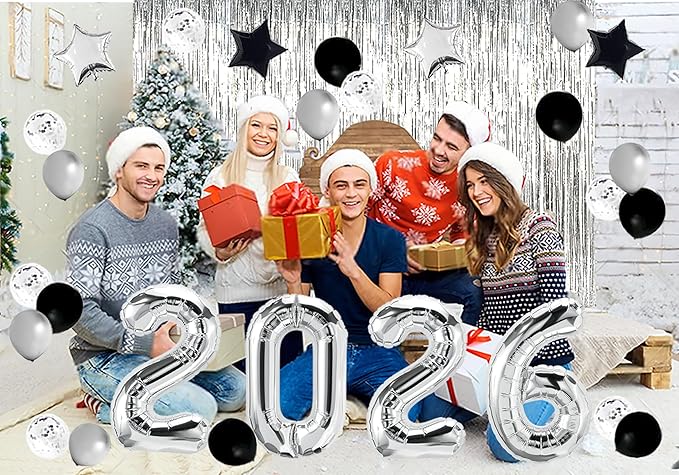 JOJO FLY New Years Eve Party Decorations Kit, Silver 2026 Balloons, Black and Silver Balloons Set, Silver Foil Curtain, Graduation Decorations, New Years Eve Party Supplies 2026