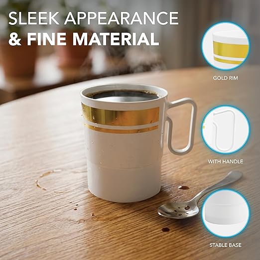 Party Essentials Bistro Hard Plastic Coffee Cup/Tea Mug w/Handle, 40 Count, 8-Ounce, White with Gold Rim
