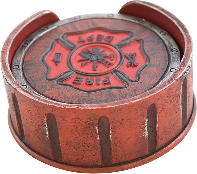 Pine Ridge Fire Department Set of 4 Coasters with Rubber Pad Base and Holder - Volunteer Fireman Fire Fighter Gift Ideas - Beautiful Polyresin Made Firefighter Symbol Display Items