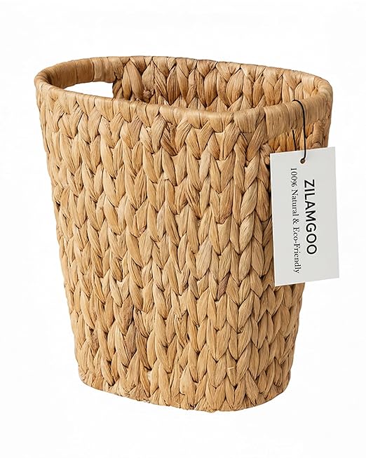 Handwoven Water Hyacinth Trash Can - Natural Wicker Waste Basket with Wooden Handles, Slim Oval Design for Bathroom, Bedroom, Office (13"x7.5"x12") | Eco-Friendly & Space-Saving Storage Bin (1)