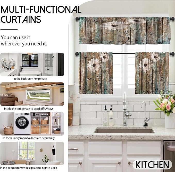 MCALK Floral Blackout Kitchen Curtains Tiers and Valances - 3 Piece Set for Windows, Butterfly Pattern, Farmhouse Wooden Texture Valances for Living Room (36" Tiers Set)
