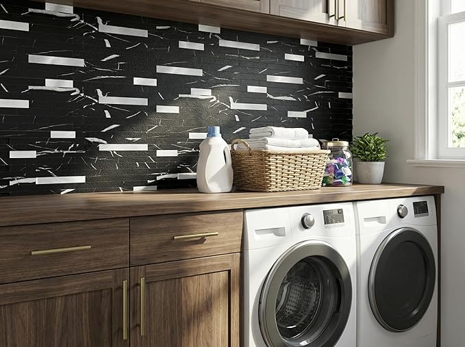 Yipscazo 20 Sheets Peel and Stick Stone Metal Tile Backsplash, Stick on Tiles for Backsplash Kitchen, Bathroom, Laundry Room, Camper, Fireplace (12'' X 12'', Pure Black)