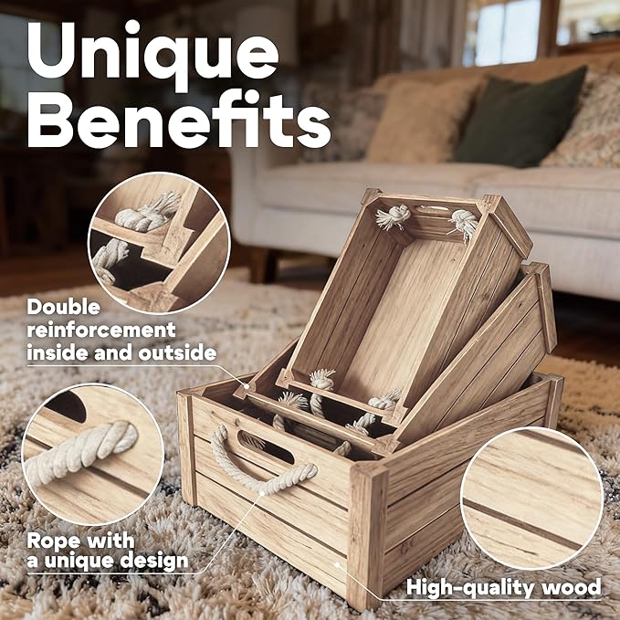 Set of 3 Rustic Nested Wooden Crates with Rope Handles - Decorative Farmhouse Storage Boxes for Kitchen, Living Room & Bathroom - Modern Wood Grain Home Organization