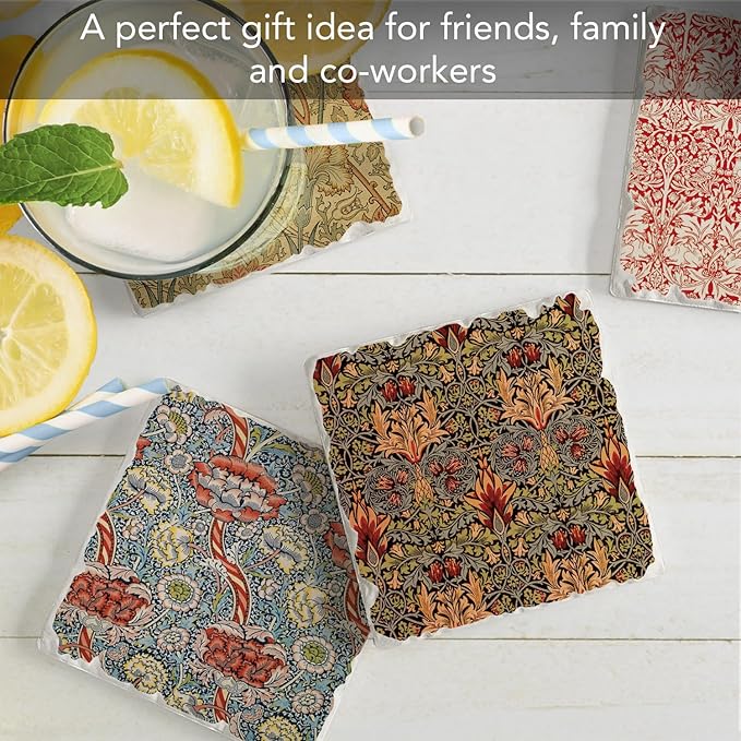 Thirstystone William Morris Textiles 4 Pack Assorted Tumbled Tile Stone Coasters with Protective Cork Backing Manufactured in The USA Absorbent Easily Wipes Clean