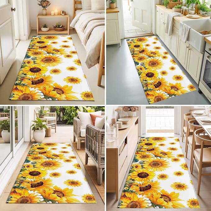 Runner Rug for Bedroom Hallway, Summer Pastoral Sunflower Kitchen Runner Rugs Area Rug 2x6ft, Farmhouse Yellow Flower Washable Soft Floor Carpet for Entryway Stair