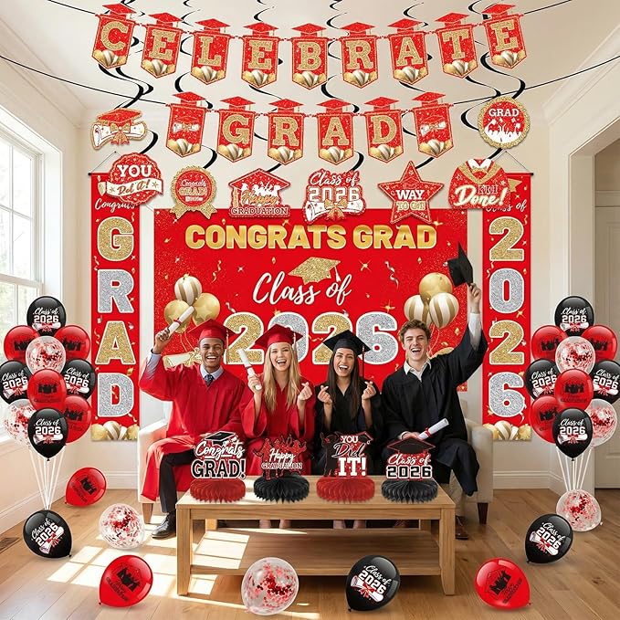 Red 2026 Graduation Party Decor Kit-Includes Backdrop, Banner, Balloons, Hanging Ornaments & Honeycomb Decorations for Class of 2026 -Full Set for High School and University Graduation Events