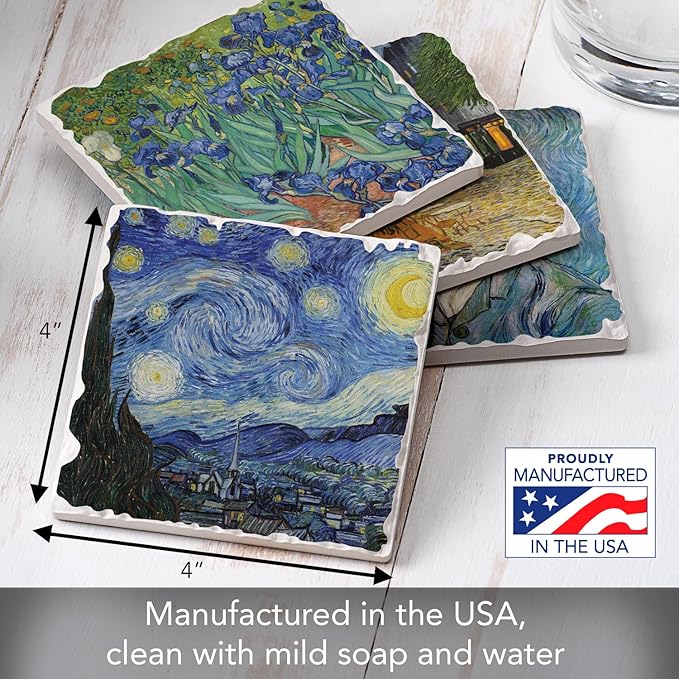 Thirstystone Van Gogh Classics 4 Pack Assorted Tumbled Tile Stone Coasters with Protective Cork Backing Manufactured in The USA Absorbent Easily Wipes Clean