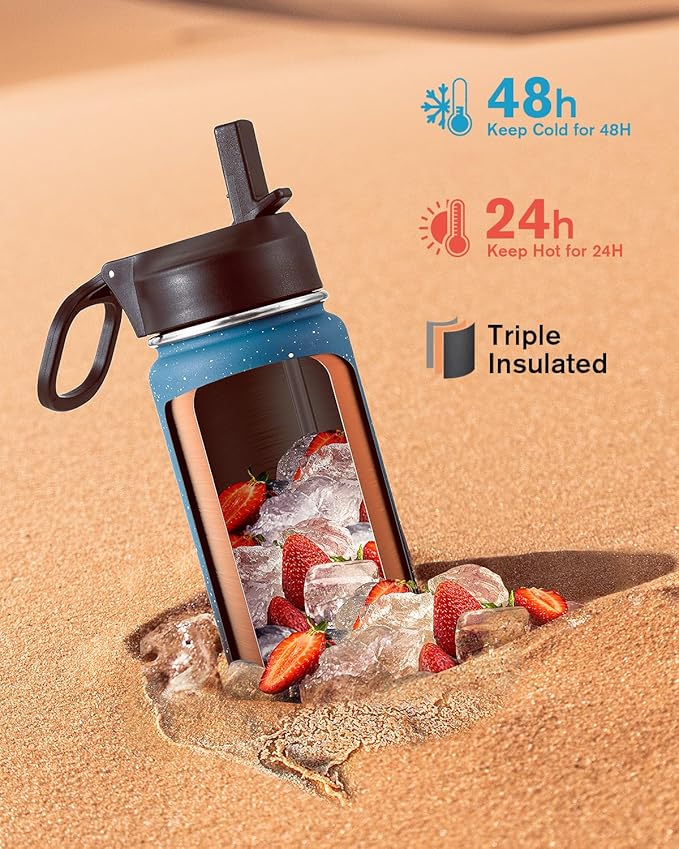 Coolflask Water Bottle 24 oz Insulated with Straw, Stainless Steel Metal 3 Lids Water Flask Wide Mouth for Sports or Office, Non-BPA Keep Cold Up to 48 Hrs or Hot Up to 24 Hrs, Turquoise