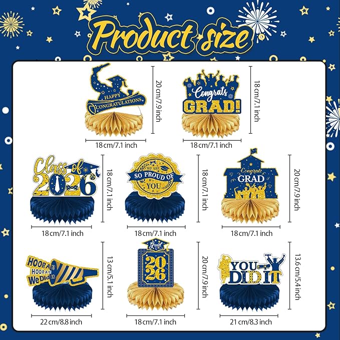 2026 Graduation Party Decorations - 8 Pcs Blue Gold Class of 2026 Graduation Party Table Decor Honeycomb Centerpieces for Tables Congratulate for 2026 Congrats Grad Party Supplies