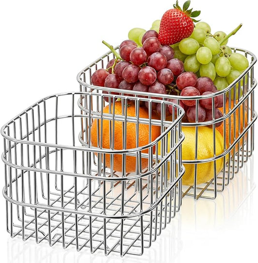 2 Pack Stainless Steel Wire Fruit Basket, 5.3 x 5.3 x 4 In Kitchen Countertop Drain Fruit Bowl, Wire Mesh Colander, Metal Food Storage Organizer for Fruit Vegetable Bread Snack Bathroom