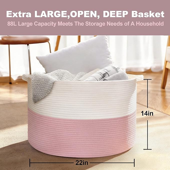 MEGASKET Pink Storage Baskets for Organizing, 22"X22"X14" XXXL Blanket Basket Living Room, Large Toy Basket, Soft Pink Cotton Rope Woven Baskets for Storage, Decorative Gifts Basket Bins for Nursery