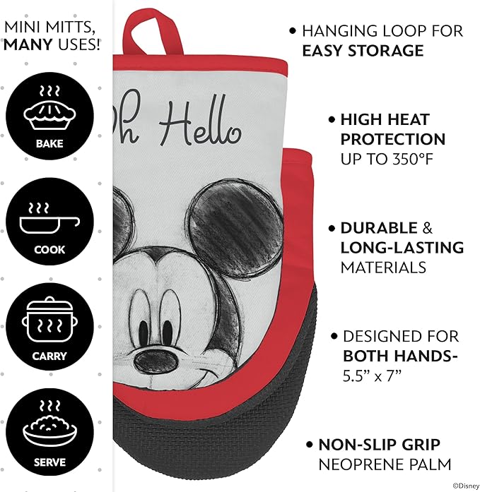 Disney Kitchen Towels & Oven Mitts Set – 4 Piece Bundle with 2 Cotton Dish Towels/Hand Towels & 2 Heat Resistant Mini Oven Mitts (Pot Holders) – Absorbent Kitchen Décor Gift Set–Mickey, Stitch & Pooh