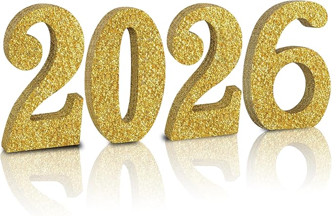 TONIFUL 4 Inch 2026 Gold Glitter Table Centerpiece Sign 2026 Number Word Sign,2026 Wooden Numbers Block for New Year Eve,Graduation,Chrismas,Anniversary Party Supplies