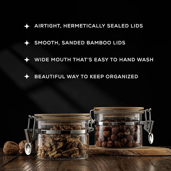 JoyJolt Glass Jars With Bamboo Lids (12 fl oz). 2PC Set of Airtight Storage Jars with Clamp Lids for Pantry Food Storage. Air Tight Sealable Glass Canisters Containers for Kitchen Organization