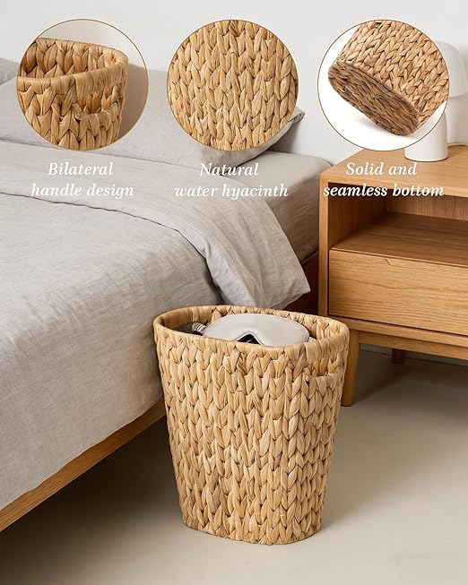 2 Pack Handwoven Water Hyacinth Trash Can - Natural Wicker Waste Basket with Wooden Handles, Slim Oval Design for Bathroom, Bedroom, Office (13"x7.5"x12") | Eco-Friendly & Space-Saving Storage Bin (2)
