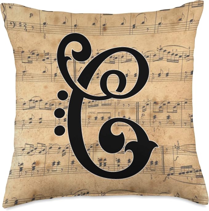 Monogram Initial of Capital Letter C on Vintage Sheet Music Throw Pillow