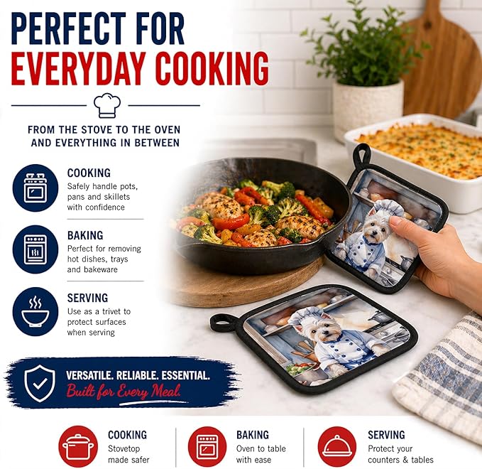 Caroline's Treasures Westie The Chef Pair of Pot Holders Kitchen Heat Resistant Pot Holders Sets Oven Hot Pads for Cooking Baking BBQ, 7 1/2 x 7 1/2