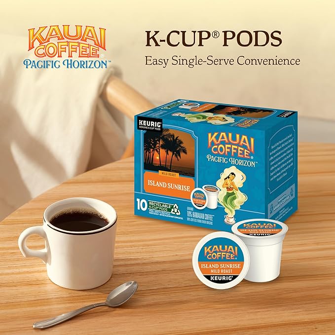 Kauai Coffee K-Cup Pods for Keurig Brewers – Arabica Coffee, 10% Hawaiian – Mild Roast, Light with Bright Aroma – Island Sunrise, 6 Packs of 10 Single Serve K-Cups