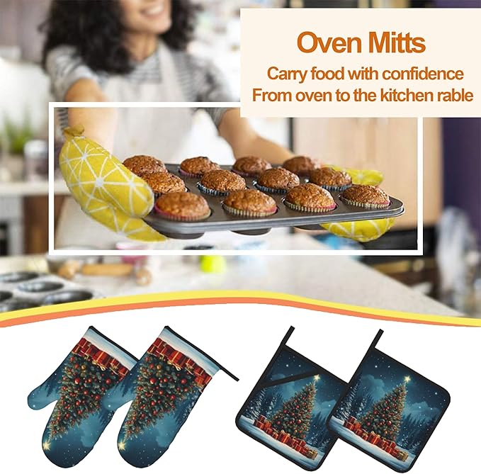 Christmas Winter Oven Mitts & Potholder Set of 4 - Heat Resistant Kitchen Gloves Hot Pads for Baking, Cooking, Gifts for Women