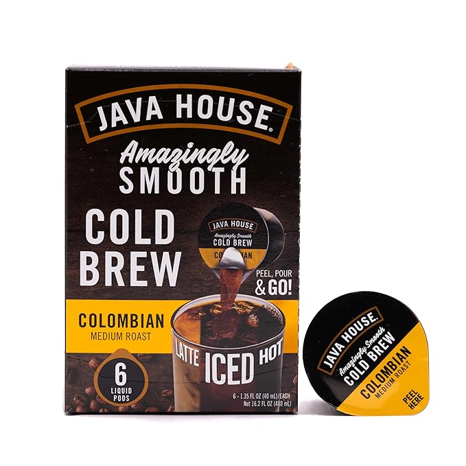 JAVA HOUSE Medium Roast Colombian Cold Brew Capsules, 1.35 Fluid Ounces (6 Count) Peel and Pour, TSA Approved, Travel Friendly Cold Brew, Hot or Iced, Instant Coffee Concentrate