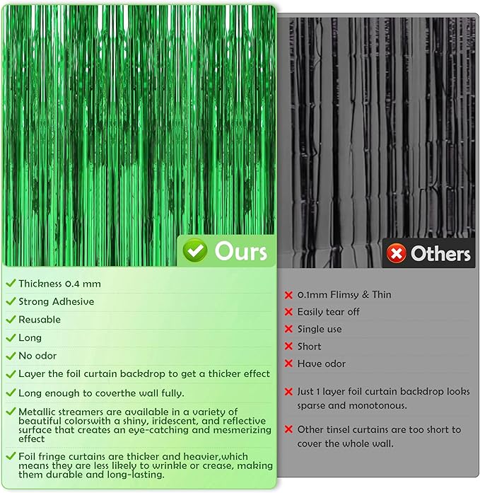 Green Tinsel Backdrop Curtains - 2 Pack Foil Fringe Streamers Photo Backdrop for 2026 World Soccer Cup Party Decorations | Soccer Football Theme Birthday Dinosaur Animal Party Wall Decor