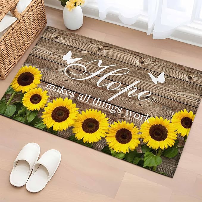 Area Rug 2x3ft, Farm Sunflower Positive Energy Quote Washable Rugs for Living Room Bedroom, Retro Dark Brown Wood Grain Soft Non-Slip Area Rugs Rectangle Floor Carpet for Dining Room