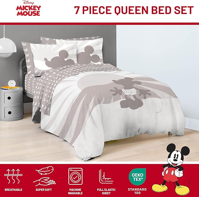 Jay Franco Disney Mickey Mouse Queen Size Comforter Set - 7 Piece Bedding Includes Sheet Set & Pillow Covers - Super Soft Cozy Bedding