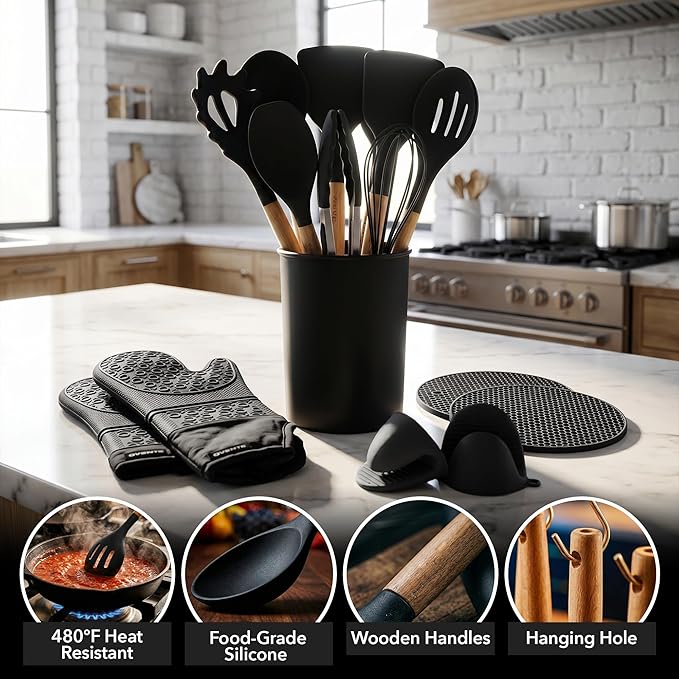 OVENTE Silicone Cooking Utensils Set, 17pcs Heat Resistant Kitchen Tools and Gadgets for Nonstick Cookware, BPA Free Spatula Set with Wooden Handle, Cup Holder, Oven Gloves and Hot Pads, Black SPS17B