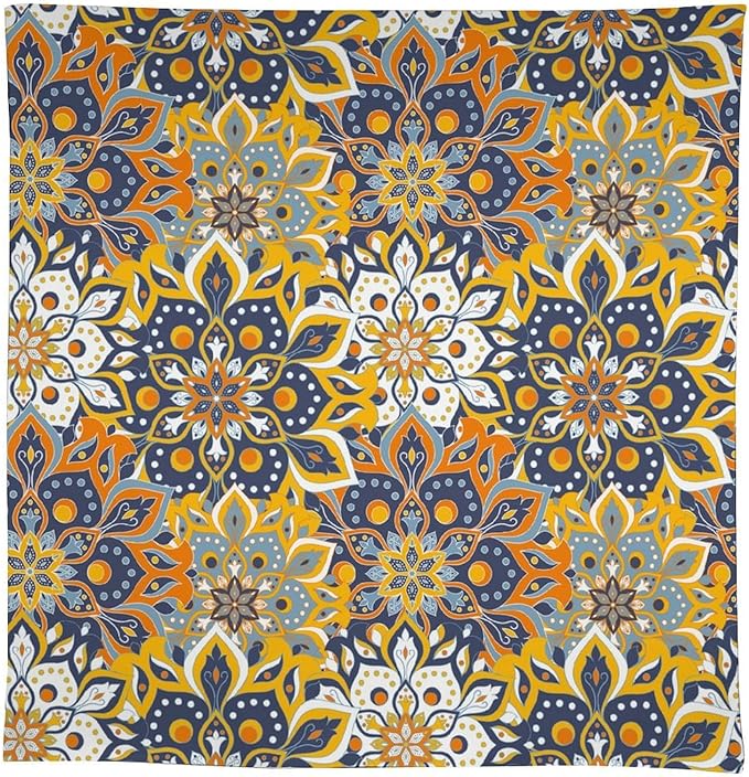 Retro Moroccan Boho Kitchen Tablecloth Vintage 70's 60's Hand Drawn Style Floral Motifs Table Cloth for Living Room Kitchen Party Picnic Cloth Stain Resistance Polyester, 55x55 Square