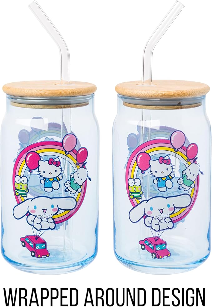 Silver Buffalo Sanrio Hello Kitty & Friends Floating Car Balloons Featuring Cinnamoroll, Pochacco, and Keroppi Glass Jar Tumbler with Bamboo Lid and Glass Straw, 16 Ounces