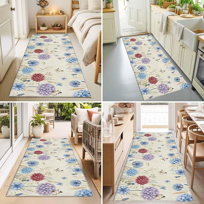 Runner Rug for Bedroom Hallway, Spring Watercolor Garden Flower Kitchen Runner Rugs Area Rug 2x6ft, Hydrangea Floral on Burlap Washable Soft Floor Carpet for Entryway Stair