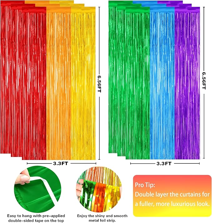 Rainbow Birthday Decorations - Rainbow Tinsel Streamers Backdrop Banner | Colorful Rainbow Party Favors Supplies Decorations Indoor Outdoor - Streamers Party Decorations for Wall Door, 2 Pack