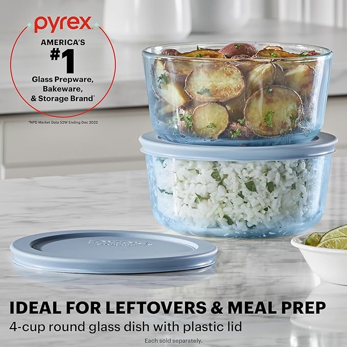 Pyrex Colors Tinted (4 Cup) Medium Round Food Storage Container, Snug Fit Non-Toxic Plastic BPA-Free Lids, Freezer Dishwasher Microwave Safe