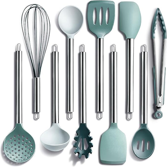 COOK WITH COLOR Silicone Cooking Utensils, Kitchen Utensil Set, Easy to Clean Silicone Kitchen Utensils, Cooking Utensils for Nonstick Cookware, Kitchen Gadgets Set, 10 Pieces, Teal