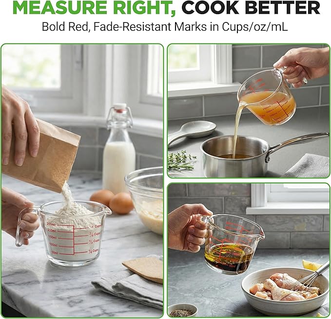 NutriChef 1 Cup Glass Measuring Cup with Lid (8 oz) - Heat-Resistant Borosilicate Liquid Measure Cup with Easy-Read Scale for Cooking, Baking and Food Storage, Dishwasher and Freezer Safe