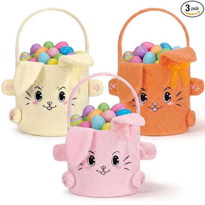 Mimorou 3 Pack Easter Basket Soft Plush Bunny Sherpa Personalized Bucket with Rabbit Ears Decorative Bow Large Bunny Tote Bags Ideal for Egg Hunt, Party Favors(Orange Pink and Yellow)